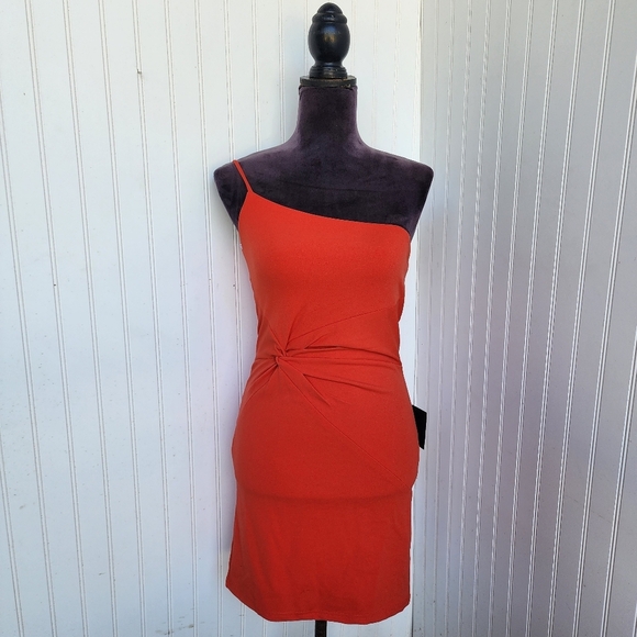 NWT Lulus Orange One-Shoulder Streap Bodycon Mini Dress Knot Detail Stretch S - Picture 1 of 13